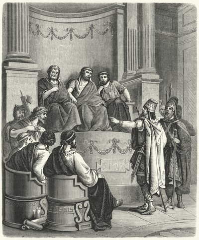 Gesandte von Eumenes II. von Pergamon vor dem Römischen Senat (Gravur) von German School