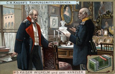 Kaiser Wilhelm I. von Deutschland und Preußen (1797-1888) und Kanzler Otto von Bismarck (1815-1898) diskutieren politische Fragen. Chromolithographie, späte 19. Jahrhundert. von German School