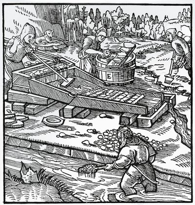 Gravur aus De re metallica (Über die Natur der Metalle), von Georg Pawer oder Georgius Agricola von German School