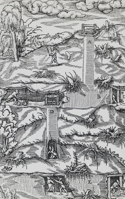 Gravur aus De re metallica (Über die Natur der Metalle), von Georg Pawer oder Georgius Agricola, veröffentlicht in Basel von German School