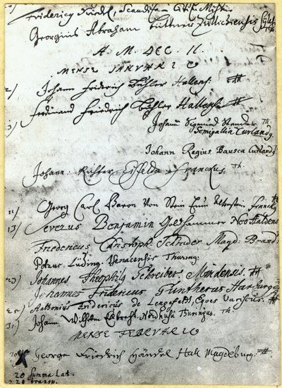 Eintrag in den Universitätsakten von Halle, mit Händels Namen, 1702 von German School