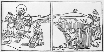 Episoden aus dem Leben des Heiligen Martin. Gravur aus „Leben der Heiligen - Sommerteil“ von Jacobus von Voragine (1228-1298). Lübeck 1488 von German School