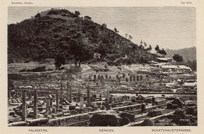 Ausgrabung der Stätte des antiken Olympia, Griechenland: die Palaestra, der Hera-Tempel und die Schatzhäuser (Gravur) von German School