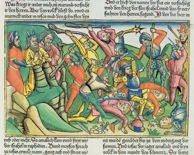 Exodus 17:8-15 Aaron und Hur stützen Moses Hände, um den Sieg der Israeliten über die Amalekiter zu sichern, aus der Nürnberger Bibel (Biblia Sacra Germanaica) von German School