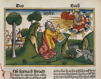 Exodus 34:1-10 Mose erhält die zweiten Tafeln mit den Zehn Geboten, aus der Nürnberger Bibel (Biblia Sacra Germanaica) von German School