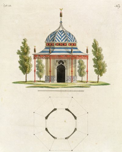 Außenansicht eines chinesischen Gartentempels, aus Recent New Ideas for the Garden, veröffentlicht 1779 von German School