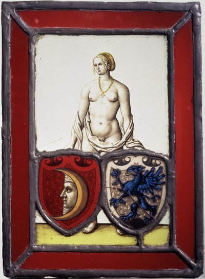 Weiblicher Akt mit zwei heraldischen Schilden von German School