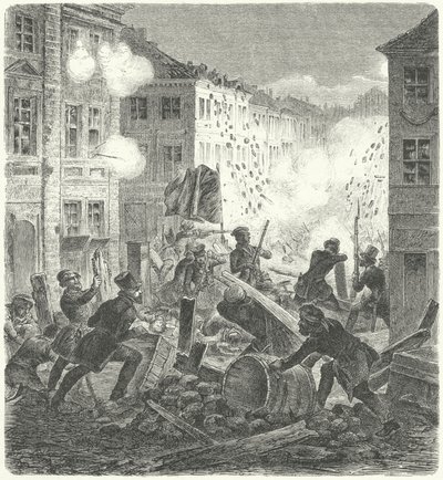 Kämpfe an einer Barrikade vor dem Colln Rathaus, Berlin, Revolution von 1848 (Stich) von German School