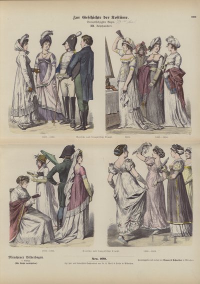 Französische und deutsche Kostüme, frühes 19. Jahrhundert (farbige Gravur) von German School