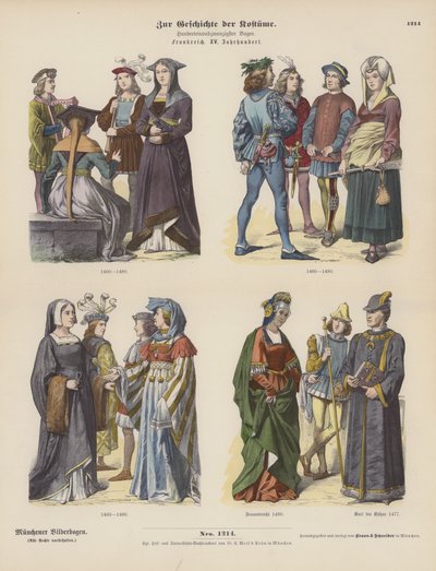 Französische Kostüme des 15. Jahrhunderts (farbige Gravur) von German School