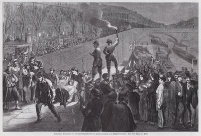Verwundete französische Soldaten beim letzten erfolglosen Versuch, aus der Belagerung von Paris auszubrechen, Ankunft am Quai de la Megisserie, Deutsch-Französischer Krieg, Januar 1871 (Gravur) von German School