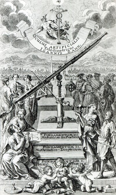 Frontispiz zu Oculus Artificialis Teledioptricus Sive Telescopium von Johann Zahn, 2. Ausgabe veröffentlicht 1702 von German School