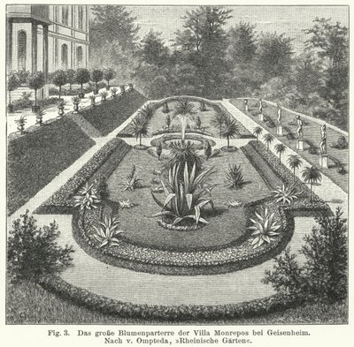 Gartengestaltung: Großes Parterre in Monrepos, Anwesen des Bankiers und Amateurastronomen Heinrich Eduard von Lade, Geisenheim, Deutschland (Stich) von German School