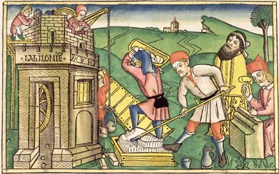 Genesis 11:1-9 Der Bau des Turms von Babel, aus der Nürnberger Bibel (Biblia Sacra Germanaica) von German School
