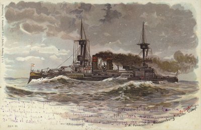 Deutsches Schlachtschiff SMS Weissenburg, Ende des 19. oder Anfang des 20. Jahrhunderts (Farblitho) von German School