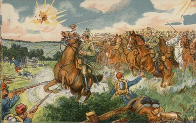 Deutsche Kavallerie unter dem Kommando von Kronprinz Wilhelm greift französische Truppen in der Nähe von Longwy, Frankreich, Erster Weltkrieg an von German School