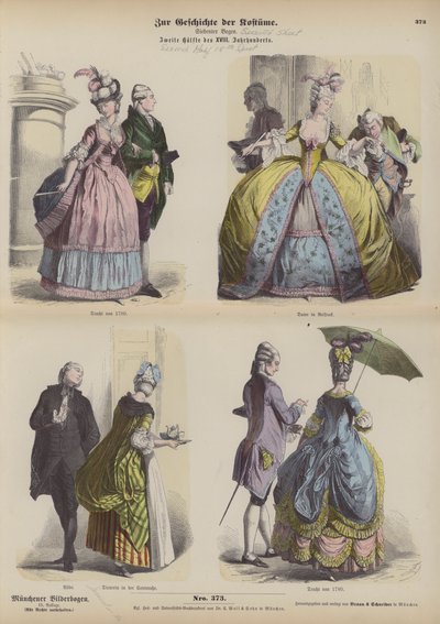 Deutsche Kostüme, zweite Hälfte des 18. Jahrhunderts (farbiger Stich) von German School