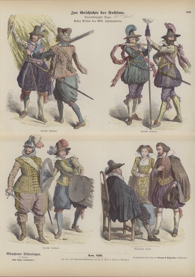 Deutsche Militär- und Bürgerkostüme, frühes 17. Jahrhundert (farbiger Stich) von German School