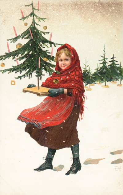 Mädchen trägt kleinen Weihnachtsbaum im Schnee von German School