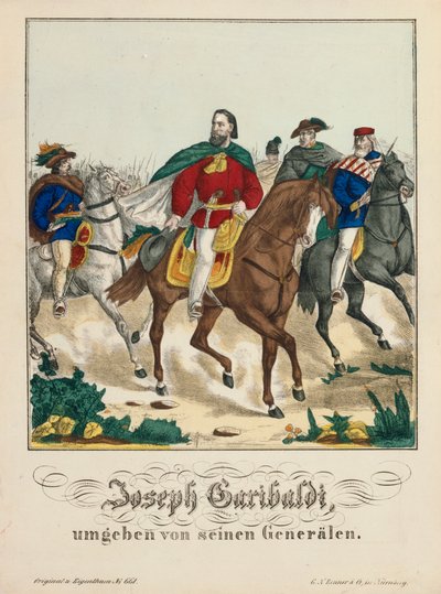 Giuseppe Garibaldi umgeben von seinen Generälen, veröffentlicht von G.N. Renner, Nürnberg, 1866 von German School