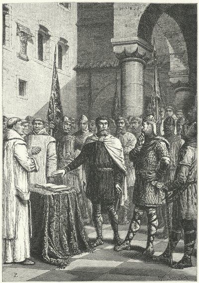 Harold Godwinson schwört einen Eid, Wilhelm von Normandie bei seinem Anspruch auf den englischen Thron zu unterstützen von German School