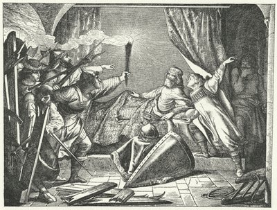 Hartmann von Siebenich verkleidet als Friedrich Barbarossa, um dem Kaiser die Flucht aus Susa, Italien zu ermöglichen von German School