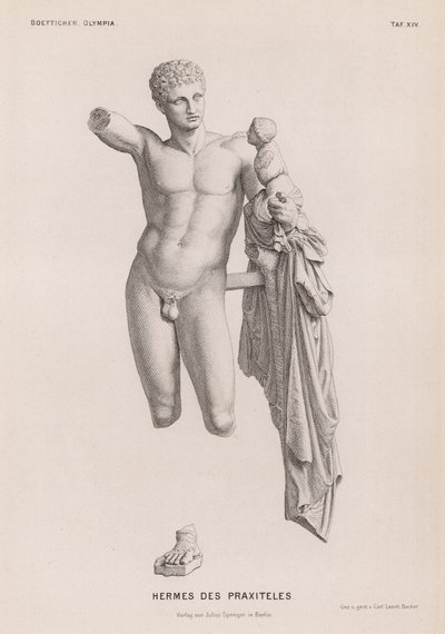 Hermes und der kleine Dionysos, Skulptur zugeschrieben Praxiteles, ausgegraben in Olympia, Griechenland (Gravur) von German School