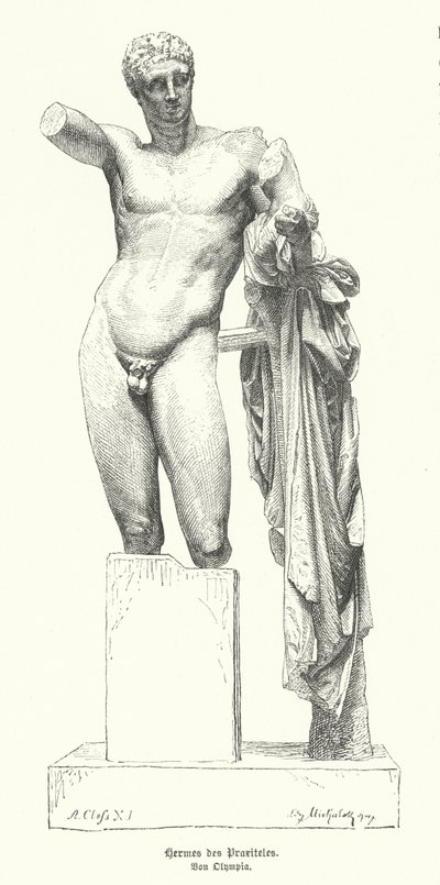 Hermes und der junge Dionysos, Statue des antiken griechischen Bildhauers Praxiteles, entdeckt in den Ruinen des Hera-Tempels, Olympia von German School