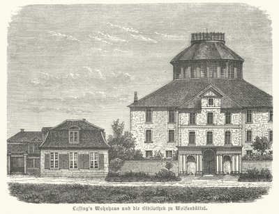 Heim des deutschen Philosophen und Dramatikers Gotthold Ephraim Lessing und die Bibliothek in Wolfenbüttel (Gravur) von German School