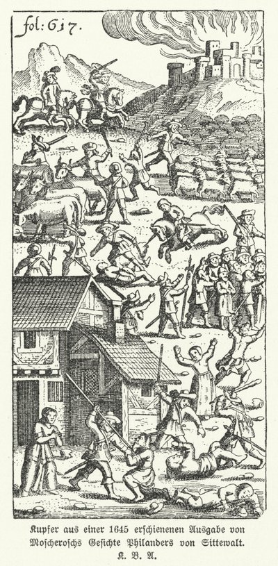 Illustration aus einer Ausgabe von 1645 des deutschen Schriftstellers Johann Michael Moscheroschs satirischem Werk Wunderliche und Wahrhafftige Gesichte Philanders von Sittewald (Lithografie) von German School