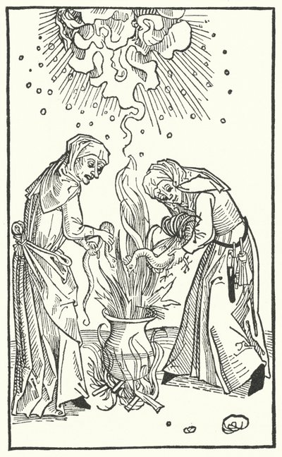 Illustration aus einer Abhandlung von Ulrich Molitor über Wahrsagerinnen und Hexerei (Gravur) von German School