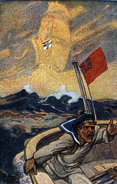Illustration deutscher Propaganda aus der Zeitschrift Jugend während des 1. Weltkriegs. Ein englischer Seemann wird durch das Erscheinen eines Geisterschiffs, das die Flagge des Reiches führt, terrorisiert von German School