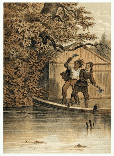 Illustration der Eroberung des Amazonas durch Europäer. In „De Bootslieden der Amazon-River“, Karl Muller, Niederlande von German School