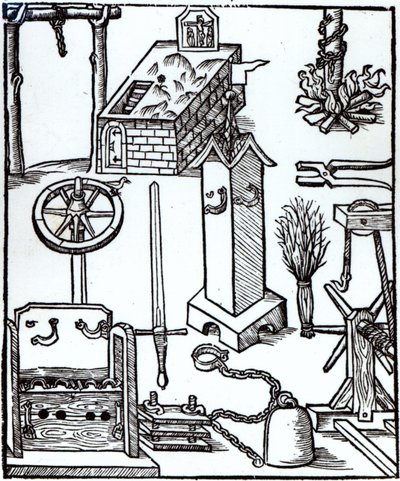 Instrumente der Hinrichtung, Bestrafung und Folter, Illustration aus dem Bamberger Halsgericht, 1507 von German School