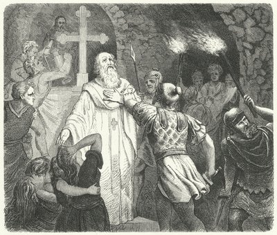 Unterbrechung eines christlichen Gottesdienstes in den römischen Katakomben (Gravur) von German School