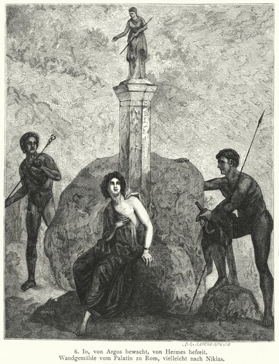 Io, bewacht von Argus Panoptes auf Befehl der Göttin Hera, beobachtet von Hermes, gesandt von Zeus, um sie zu entführen, römisches Wandgemälde (Stich) von German School