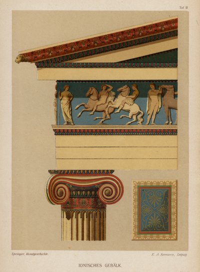Ionisches Gebälk, antike griechische Architektur (Farblithografie) von German School