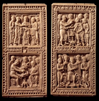 Elfenbeinbindungen des Dagulf-Psalters: David, Heiliger Hieronymus. Es wurde von Karl dem Großen für Papst Adrian I. in Auftrag gegeben. Ende des 8. Jahrhunderts. Aus Aachen. von German School