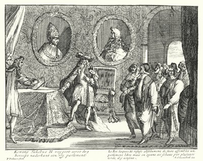 Jakob II. von England verweigert dem Parlament die Sitzung (Gravur) von German School