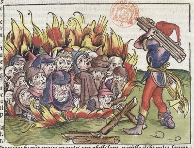 Juden auf dem Scheiterhaufen verbrannt, aus der Nürnberger Chronik von Hartmann Schedel, 1493 von German School