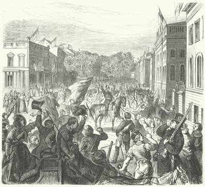 König Friedrich Wilhelm IV. von Preußen reitet an der Berliner Universität vorbei auf dem Weg zu einer Massenbeerdigung von Zivilisten, die bei Unruhen getötet wurden, 21. März 1848 (Stich) von German School