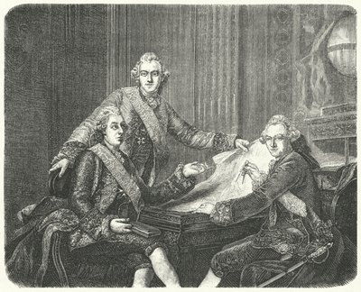 König Gustav III. von Schweden in Beratung mit seinen Brüdern Karl und Friedrich Adolf (Stich) von German School