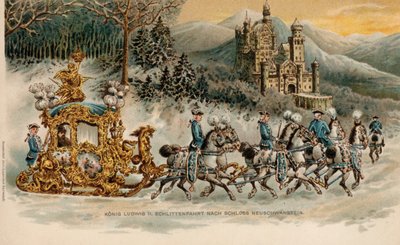 König Ludwig II. von Bayern reist in einem goldenen Schlitten zum Schloss Neuschwanstein von German School
