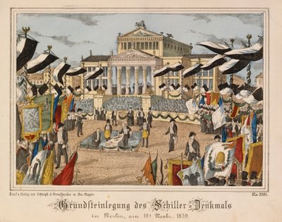 Grundsteinlegung des Schillerdenkmals am Gendarmenmarkt, Berlin, 10. November 1859, mit dem Schauspielhaus im Hintergrund, aus Neuruppiner Bilderbogen, veröffentlicht von Oehmigle & Ri von German School