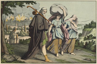 Lot und seine Töchter fliehen, Illustration aus dem Alten Testament, veröffentlicht von Jakob Ferdinand Schreiber, Esslingen (Farbstich) von German School