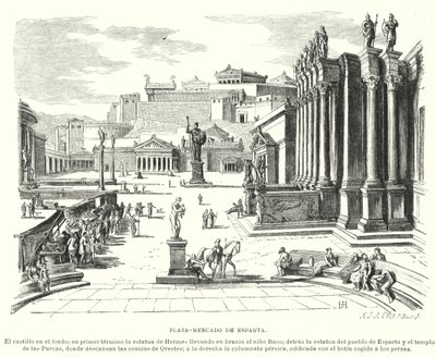 Marktplatz von Sparta, Antikes Griechenland (Lithografie) von German School