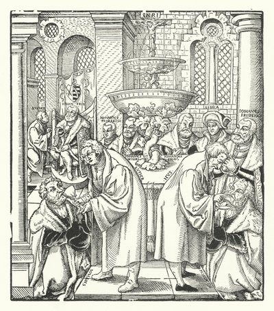 Martin Luther und Jan Hus spenden der sächsischen Königsfamilie die Heilige Kommunion von German School