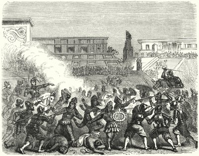 Massaker an aztekischen Kriegern und Adligen in Cholula durch die spanischen Konquistadoren von Hernan Cortes von German School
