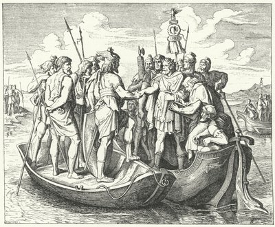 Treffen des römischen Kaisers Valens und des westgotischen Königs Athanarich an der Donau, 369 (Stich) von German School