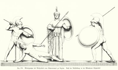 Mittlere Gruppe vom westlichen Giebel des antiken griechischen Tempels der Athena auf der Insel Aegina (Stich) von German School
